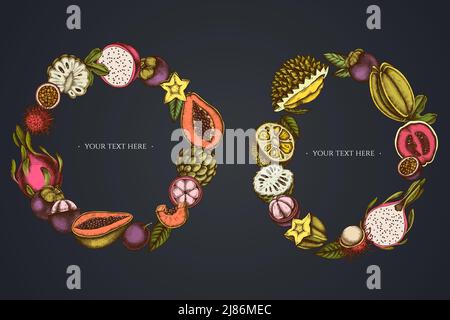 Wreath on dark background of papaya, guava, passion fruit, starfruit, durian, rambutan, pitaya, jackfruit, sugar-apple, soursop, mangosteen Stock Vector