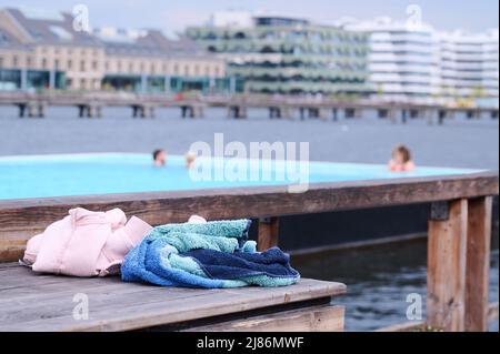 Berlin, Germany. 13th May, 2022. In the bathing ship people swim in the pool. The swimming season starts today in Berlin. Credit: Annette Riedl/dpa/Alamy Live News Stock Photo
