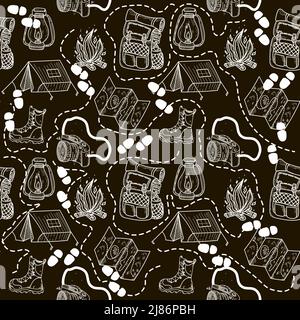 A seamless pattern of hand-drawn doodle elements in sketch style. Illustration for local tourism. Camera strap, tent, shoes and backpack. Vector image Stock Vector