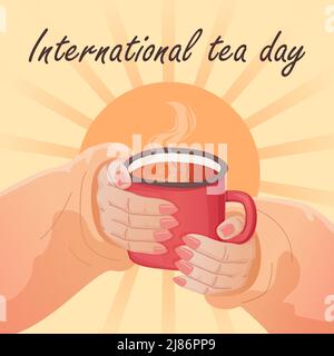 Female hands holding a cup of tea. International tea day. Stock Vector