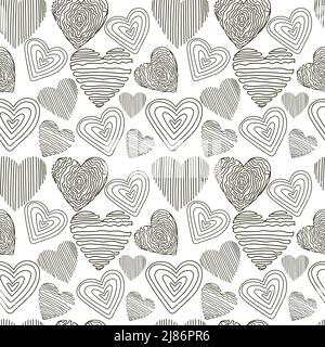 A seamless pattern of hearts, hand-drawn doodle elements on a white background. Happy Valentine's Day. Cute hearts with different textures Stock Vector