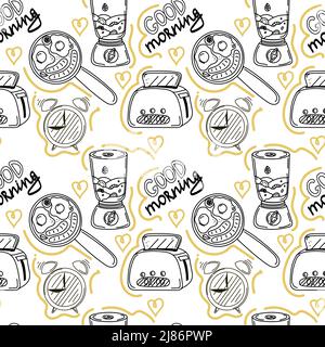 Seamless pattern, hand-drawn techniques in doodle style. Toaster, blender, frying pan, and hand-drawn lettering. Breakfast. Good Morning. Healthy Eati Stock Vector
