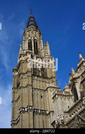 Spain, Castile-La Mancha, Toledo. Cathedral of Saint Mary. Bell tower. Built and designed in Gothic style by the architect Alvar Martínez (active 1418-1440). The octagonal upper section was completed by Hannequin of Brussels in 1438. Stock Photo