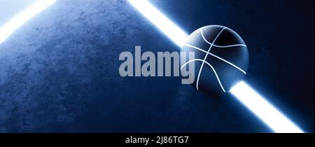 Modern Basketball and glowing lines on play field. Abstract theme of ball sport equipment. Neon sport concept. Stock Photo