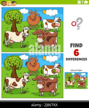 Cartoon illustration of finding the differences between pictures educational game with cows farm animal characters group Stock Vector