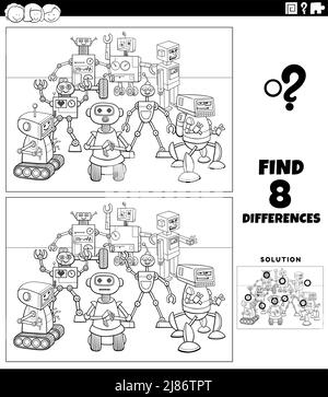 differences educational game with robots coloring book page Stock ...