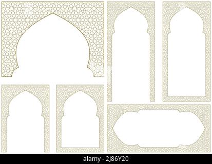 A set of six design elements. . Ornament in Arabic geometric style. Arc, two frames proportion A4, two frames 2 x1 proportion and bonus element Stock Vector