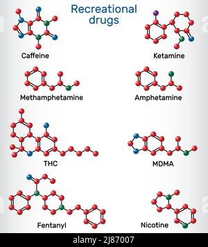 Caffeine, nicotine, amphetamine, methamphetamine (crystal meth), MDMA, ecstasy, fentanyl, ketamine, tetrahydrocannabinol. Recreational drugs. Vector Stock Vector
