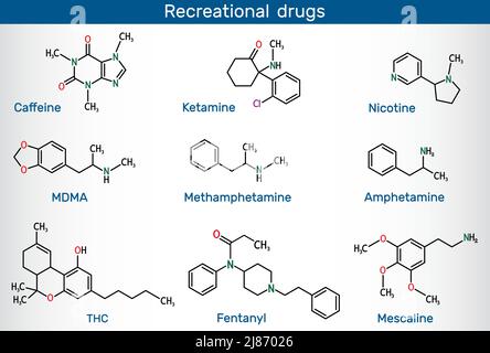 Caffeine, nicotine, amphetamine, methamphetamine (crystal meth), MDMA, fentanyl, ketamine, tetrahydrocannabinol, mescaline. Recreational drugs. Vector Stock Vector