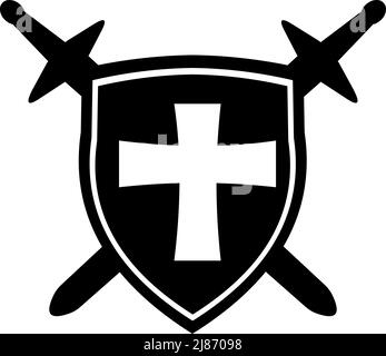 Vector icon illustration of crossed swords and a medieval shield Stock Vector