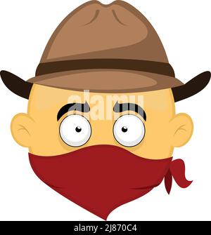 Vector illustration of the head of a yellow cartoon bandit character, with a cowboy hat and a red bandana on his face Stock Vector