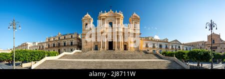 Widescreen panorama shot of ancient beautiful baroque cathedral in Noto (Cattedrale di San Nicolò), Sicily, Italy