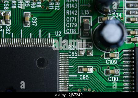 Close up shot of electronic circuit board with components Stock Photo