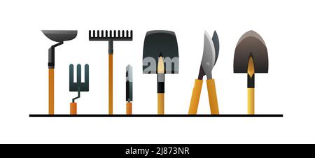 Agricultural rural garden tool. Logo and symbol logotype on line. Shovels rakes and hoes. Isolated on white background. Vector. Stock Vector
