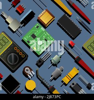 Set of radio components. Background picture. Element for radio circuit. Seamless pattern. Electronics detail. Vector. Stock Vector