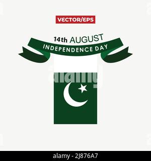 Celebrating Pakistan Independence Day, 14th August Vector Illustration Background having green ribbon Stock Vector