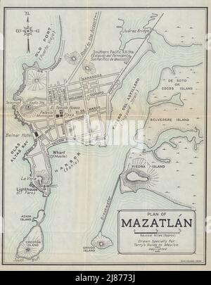 Plan of MAZATLAN, Mexico. Mapa de la ciudad. City/town plan 1938 old Stock Photo