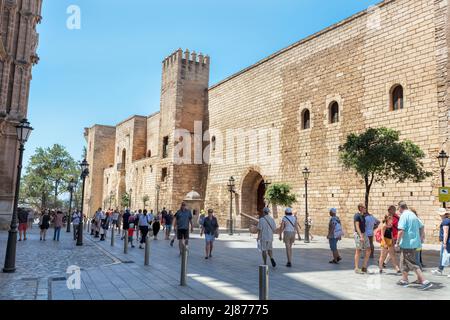 The Palau de l'Almudaina also called La Almudaina is a 14th century gothic palace and citadel now a royal residence and museum. Palma. Stock Photo