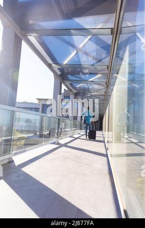 Full length rear view of african american businessman walking with luggage at airport corridor Stock Photo