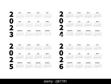 2023, 2024, 2025, 2026 years simple horizontal calendars set in spanish language, typographic calendars isolated on white Stock Vector