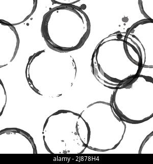 Lot of black round shaped coffee cup stains on white, seamless pattern Stock Vector
