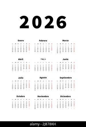 2026 year simple vertical calendar in spanish language, typographic calendar isolated on white Stock Vector