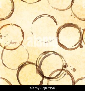 Lot of brown round shaped coffee cup stains on old vintage paper, seamless pattern Stock Vector