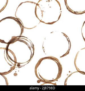 Lot of brown round shaped coffee cup stains on white, seamless pattern Stock Vector
