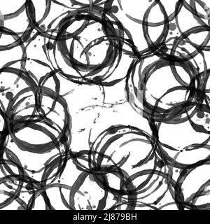 Lot of black round shaped ink stains on white, seamless pattern Stock Vector