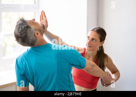 Fight Sparring Fitness Training In Gym. Female Power And Self Defense Stock Photo