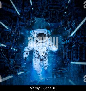 Astronaut in airlock - 3D illustration of science fiction space suited figure exploring alien ship Stock Photo
