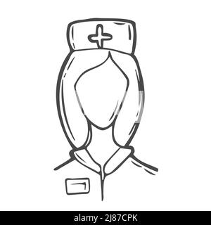 Doodle nurse face, head icon, wearing hat with cross, isolated on white background. Medical symbol. Stock Vector