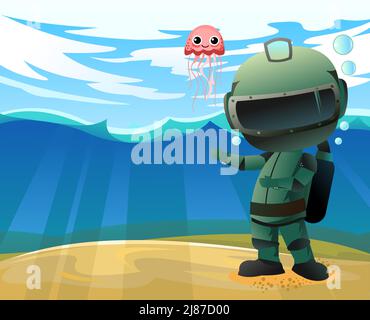 Diver in retro scuba gear with a jellyfish invites. Guy in underwater suit bottom of pond. Funny cartoon style. Extreme sports. Person in lake or sea. Stock Vector