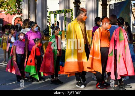 Children getting ready to go on stage on the Main Plaza, Campeche, Mexico Stock Photo