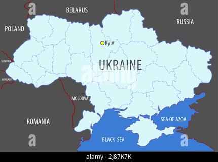 Ukraine. Map of the territory of the Ukrainian state with the designation of its state borders and the boundaries of its internal administrative regio Stock Vector