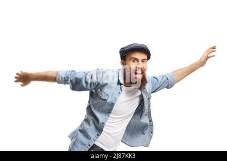 Bearded hipster guy in casual clothes falling isolated on white background Stock Photo