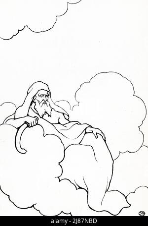 Saturn  (pictured in this 1915 illustration) was one of the Titans who once ruled earth in Greek and Roman mythology. To prevent this from occurring, Saturn response, he ate his children as soon as they were born. But the mother of his children, Rhea, hid one child, Zeus (Jupiter to the Romans). Once Zeus grew up, he gave his father a potion, forcing him to regurgitate his siblings. With his siblings, Zeus then defeated his father and became kings of gods and men, with his home on Mount Olympus. Stock Photo