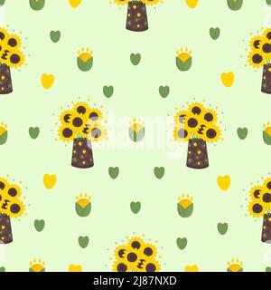 Sunflowers in vase on light green background Stock Vector