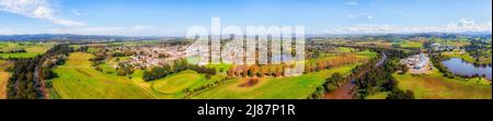 Bega agriculture town in Bega Valley of NSW, Australia – wide aerial panorama. Stock Photo