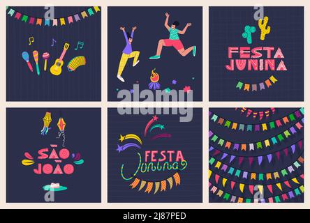Set of designs for postcards and posters for the celebration of feast of St. John. Text in portuguese São João - Saint John, festa junina - june Stock Vector