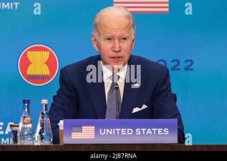 United States President Joe Biden makes remarks as he attends the U.S.-ASEAN Special Summit to commemorate 45 years of U.S.-ASEAN relations and strengthen ASEAN's central role in delivering sustainable solutions to the region's most pressing challenges held at the Department of State, Harry S. Truman Building in Washington, DC on May 13, 2022.Credit: Oliver Contreras/Pool via CNP /MediaPunch Stock Photo