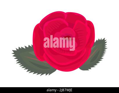 Single red rose bud with two leaves Stock Vector