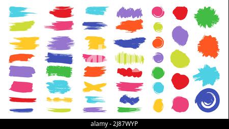 Brush stroke colorful textured set. For label, backgrounds, for tags and stamps design isolated on white background. Children paint. Painted label backgrounds patch. Ink smudges, stains, spots. Vector Stock Vector
