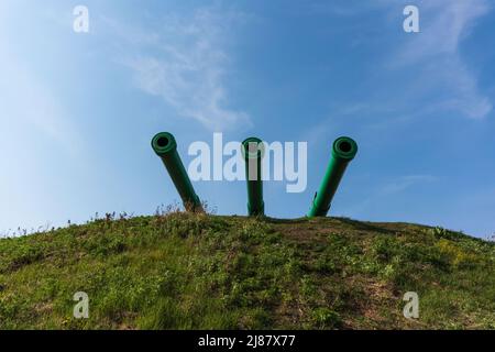 Voroshilov battery - ship tower guns on the Russian island. High quality photo Stock Photo