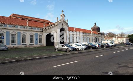 Public, town-side, facade of the Palace of Queluz, former summer royal residence, 18th-century baroque architectural monument, Queluz, Portugal Stock Photo