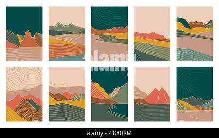 Set of creative vector abstract natural landscape backgrounds in natural earthy colors and golden lines. Stock Vector