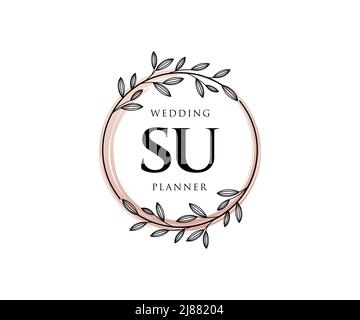 SU Initials letter Wedding monogram logos collection, hand drawn modern minimalistic and floral templates for Invitation cards, Save the Date, elegant Stock Vector