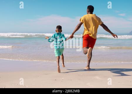 Rear view of playful african american young man running with son at beach against sky on sunny day Stock Photo