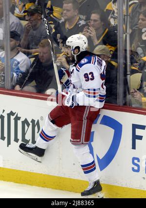 Pittsburgh, USA. 13th May, 2022. New York Rangers center Mika Zibanejad (93) celebrates his second goal of the second period in game six of the first round of the Stanley Cups Playoffs at PPG Paints Arena in Pittsburgh on Friday, May 13, 2022. Photo by Archie Carpenter/UPI Credit: UPI/Alamy Live News Stock Photo