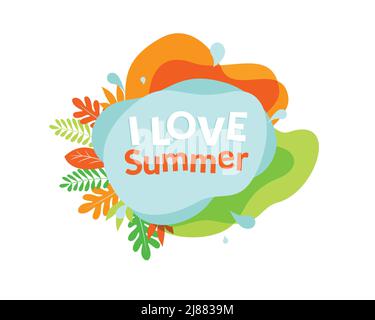 Summer illustration with colorful leaves and abstract shapes decorative element, summer greeting design for banner, flyer and social media post. Stock Vector